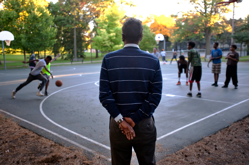 Somali-American boys play basketball in Currie Park in Cedar-Riverside. Public courts aren’t an option for most girls in the community. Craig Lassig/AP Images.